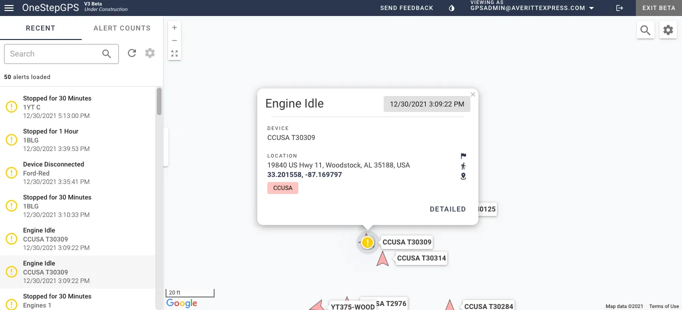 One Step GPS Dashboard showing engine idle alerts