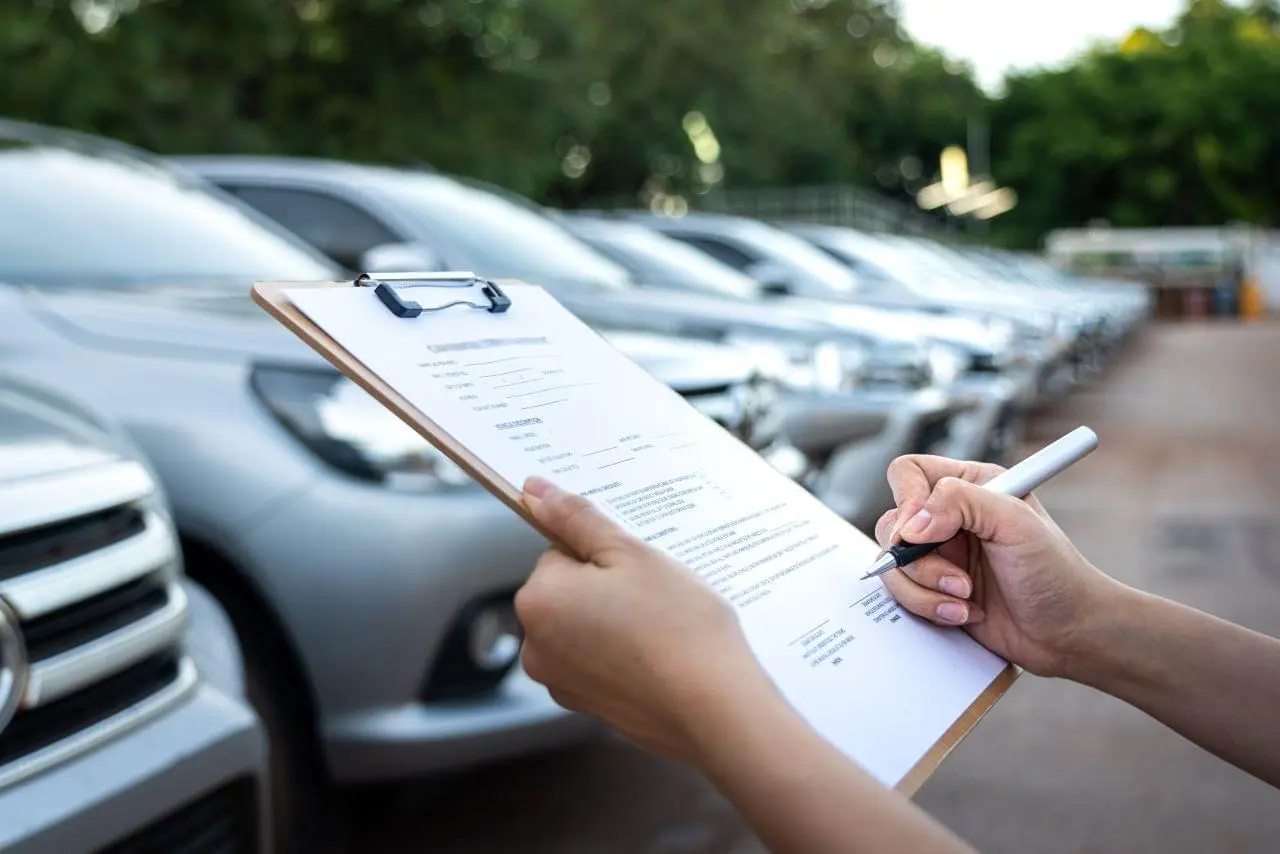 Person inspecting cars with clipboard in hand