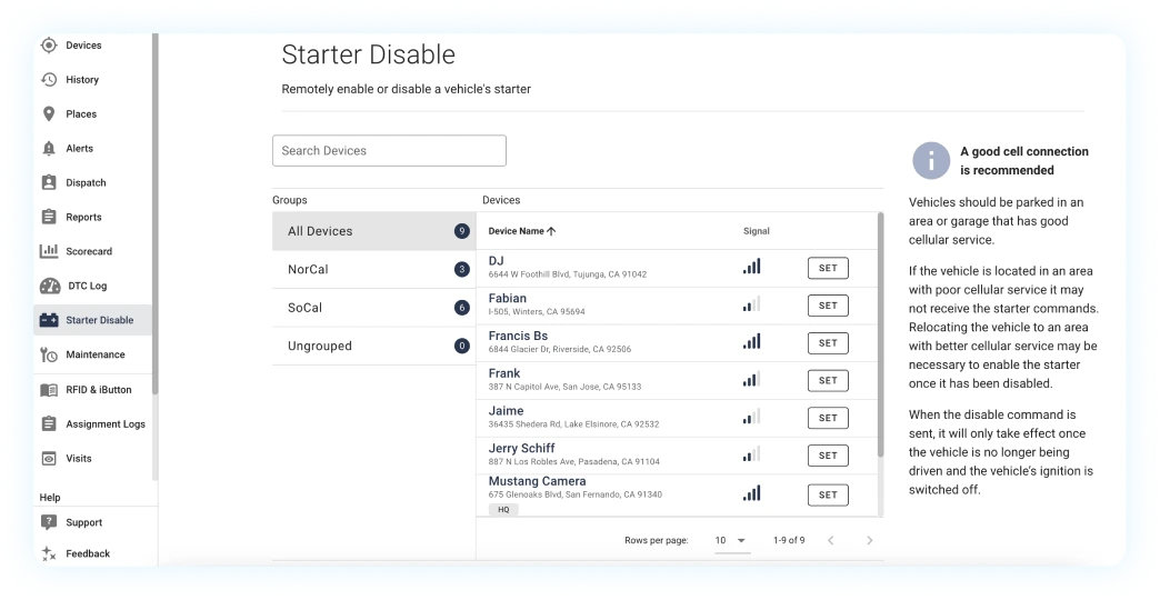 Starter Disable tab in the One Step GPS platform