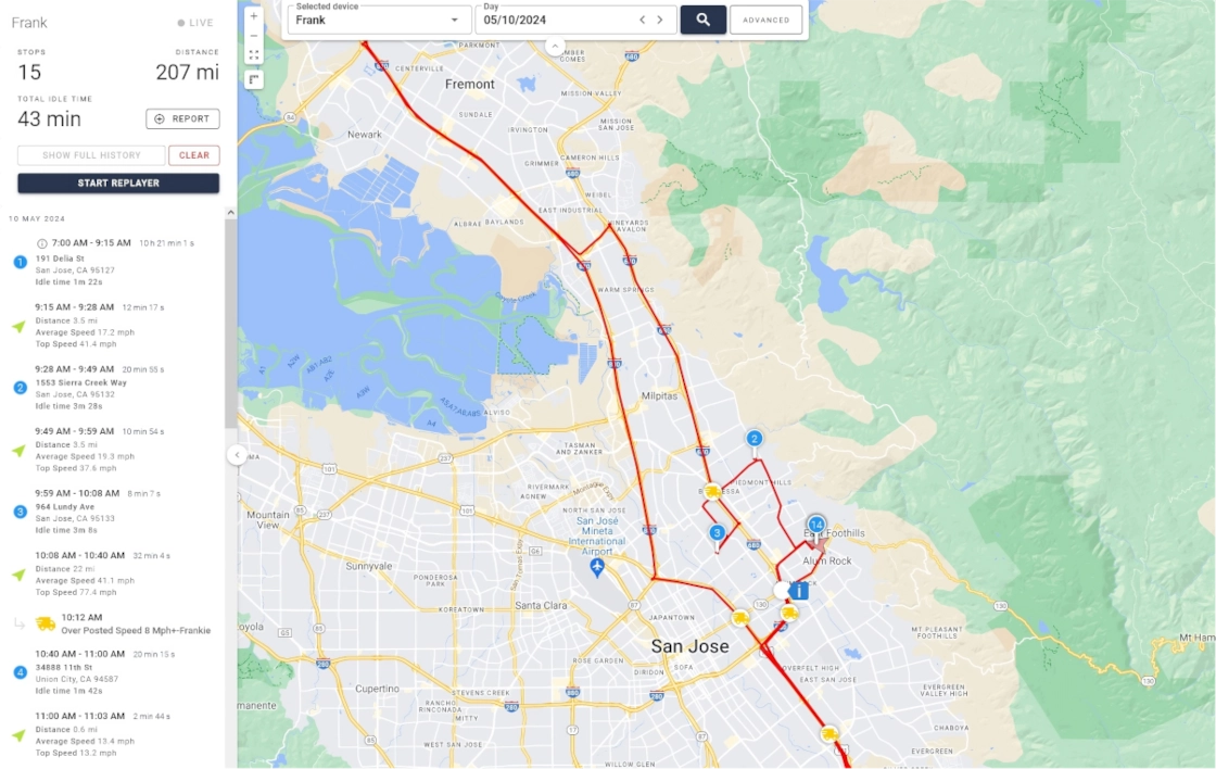 Screenshot of OSG platform displaying history of a device
