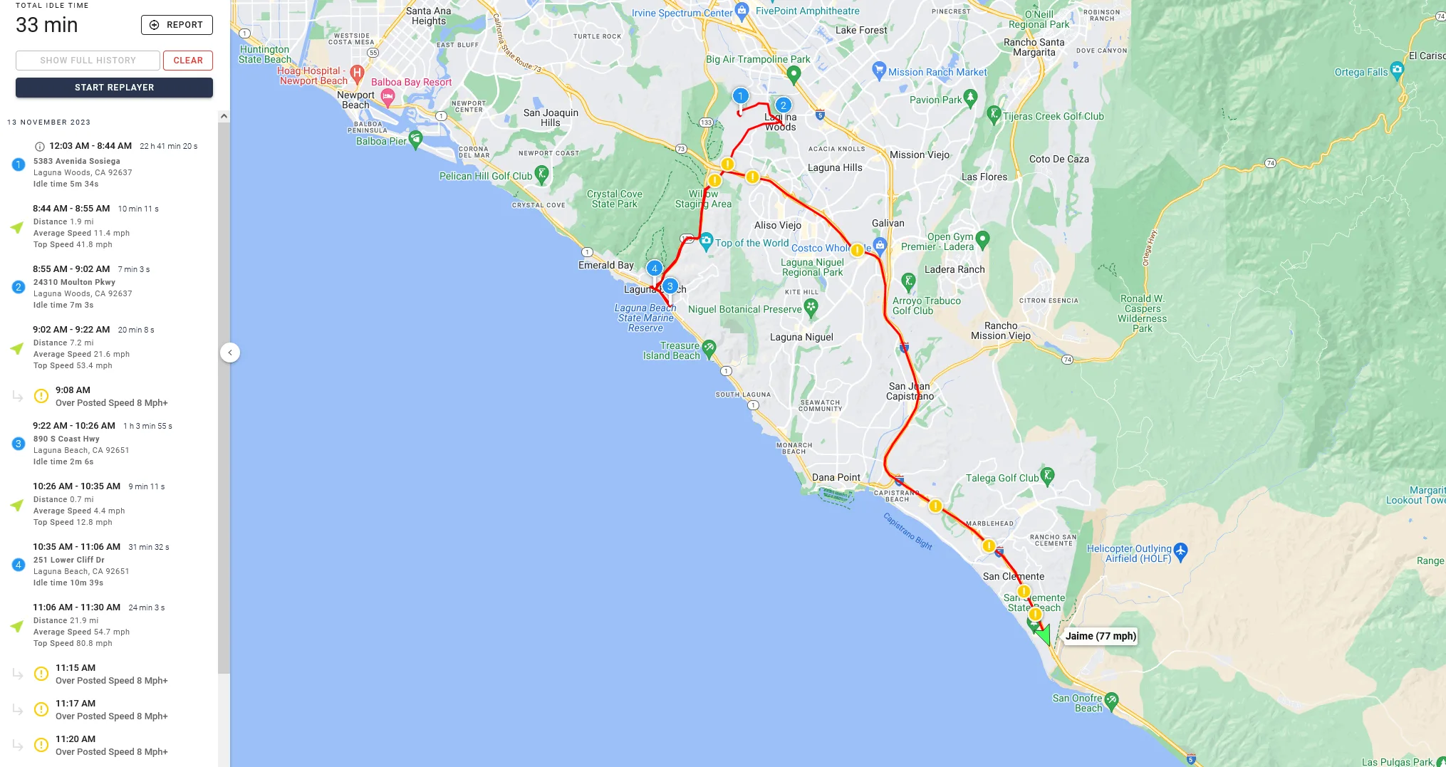 Screenshot of OSG platform displaying route with stops and alerts on a map