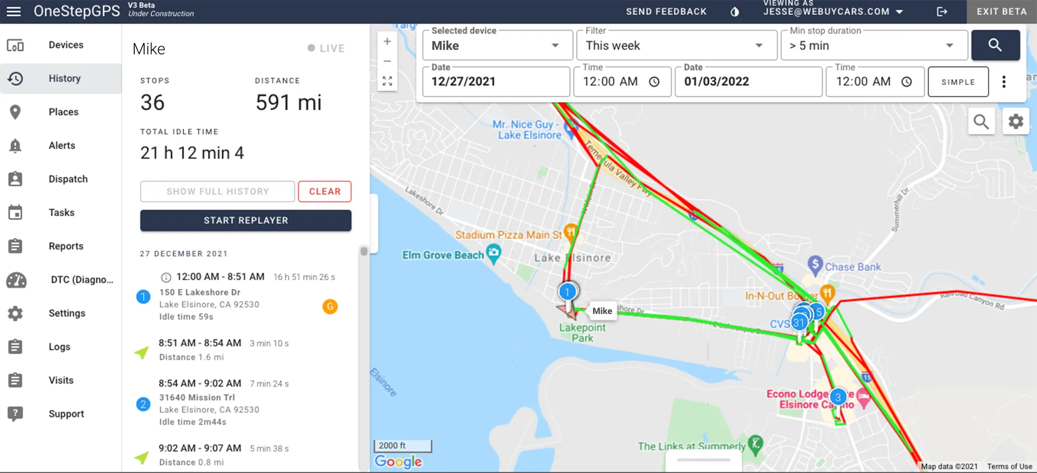 User dashboard see device history