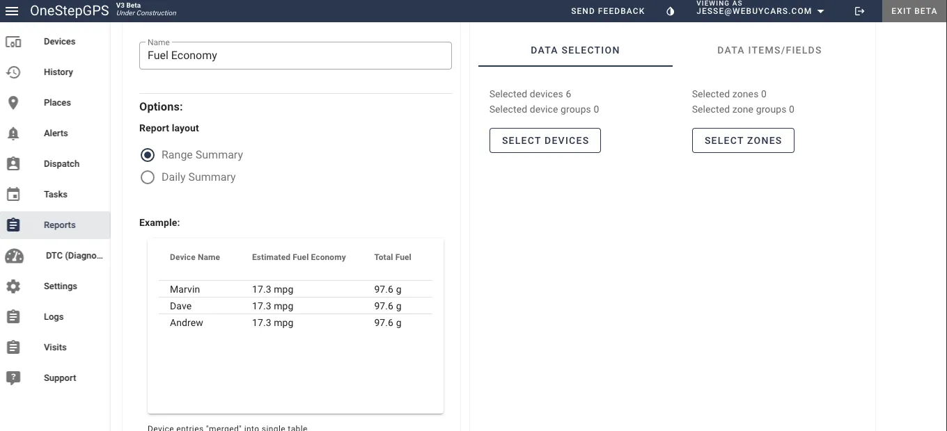 User dashboard fuel costs monitoring